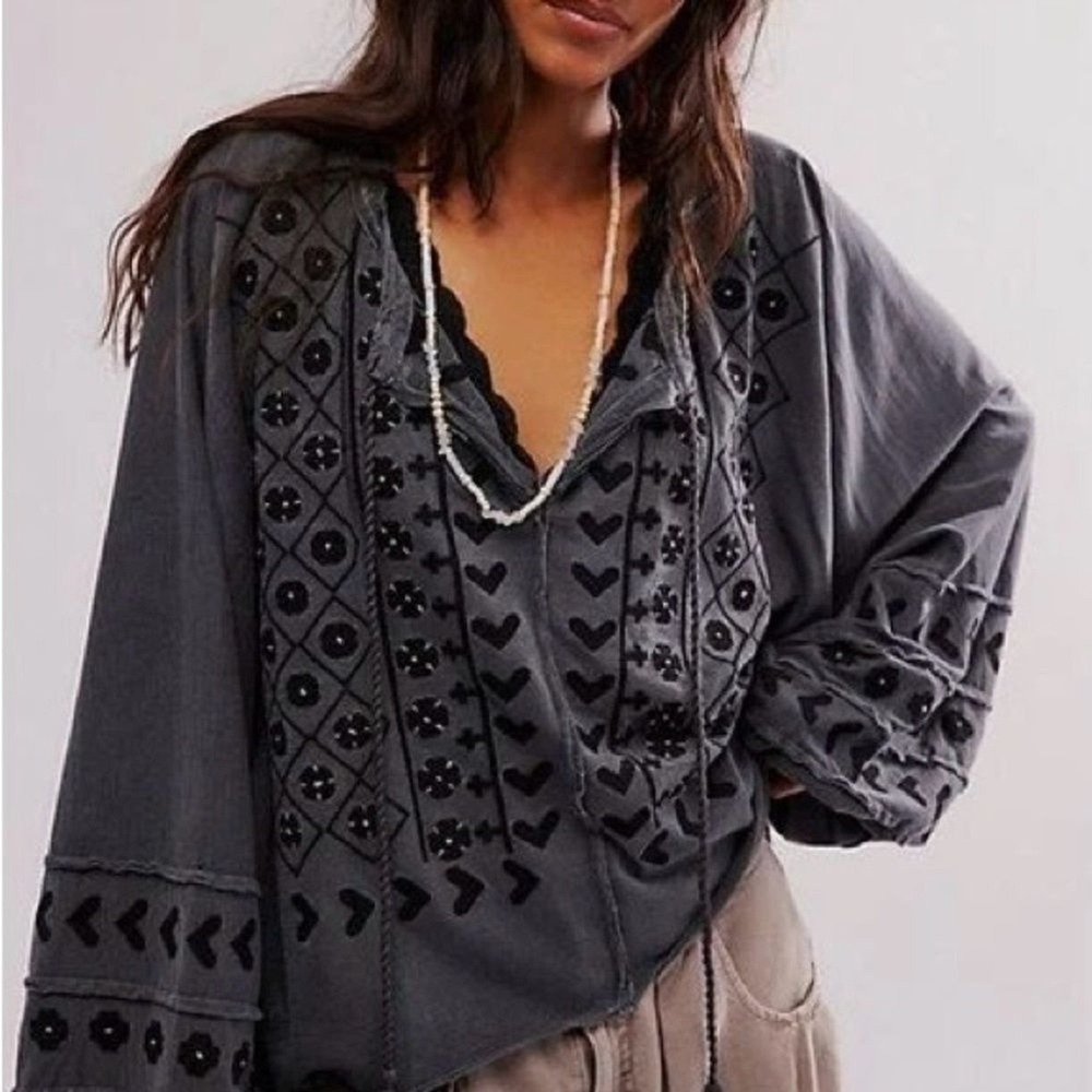 Free People Savannah Embroidered Top XS in Washed Black New Cotton Boho Blouse